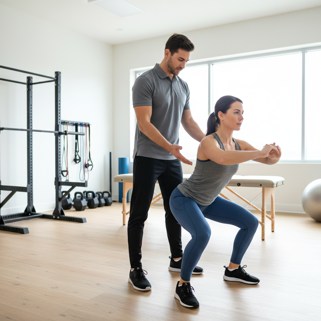MOTIVNY physical therapist demonstrating shoulder mobility exercise with athlete in SoHo NYC studio